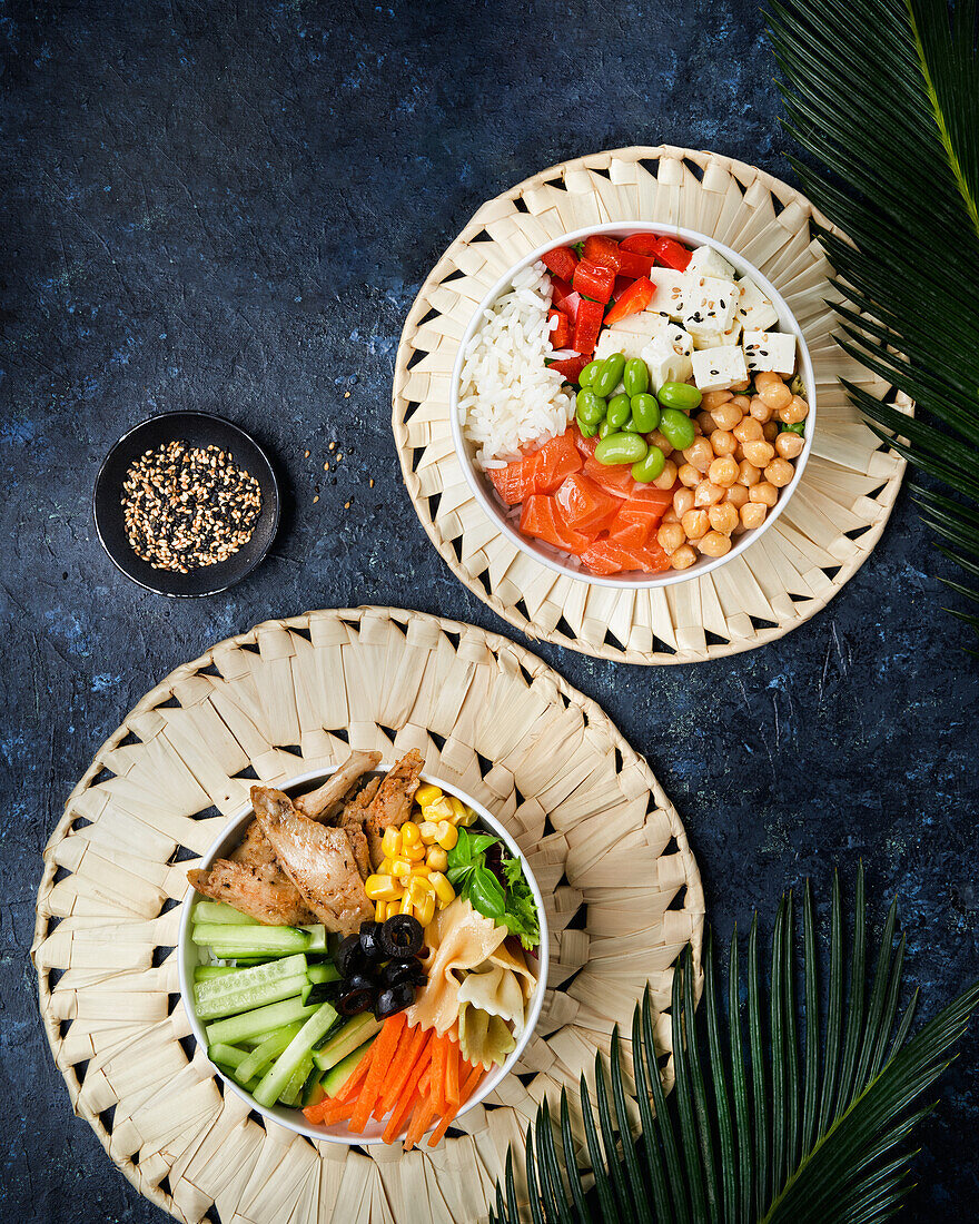 Delicious poke bowl with many ingredients seen from above