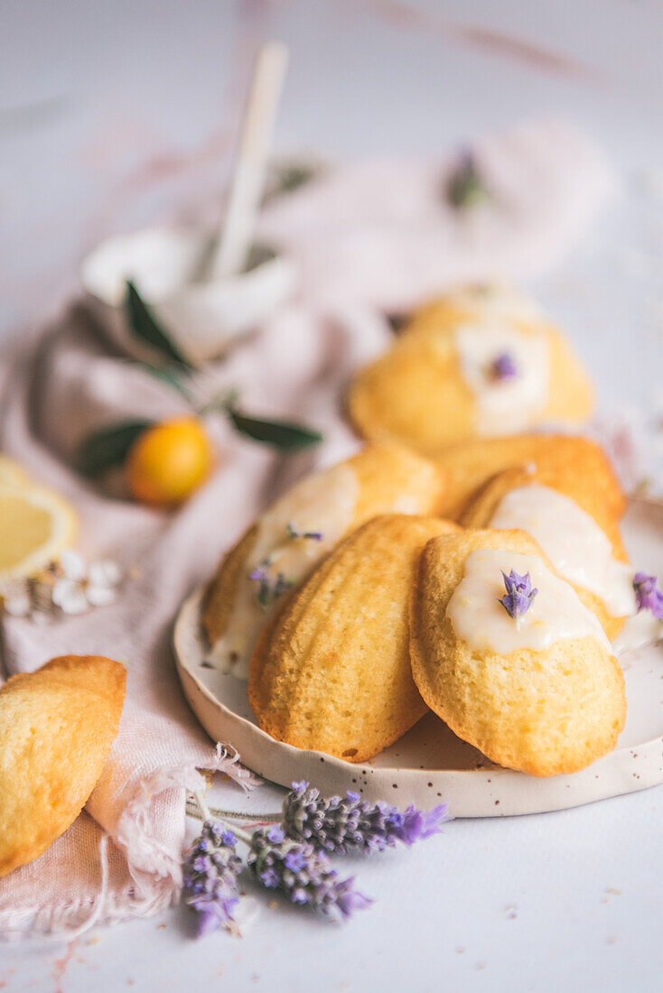 Overhead view of tasty madeleines on plate between fresh lemon slices and blooming lavender sprigs on crumpled textile