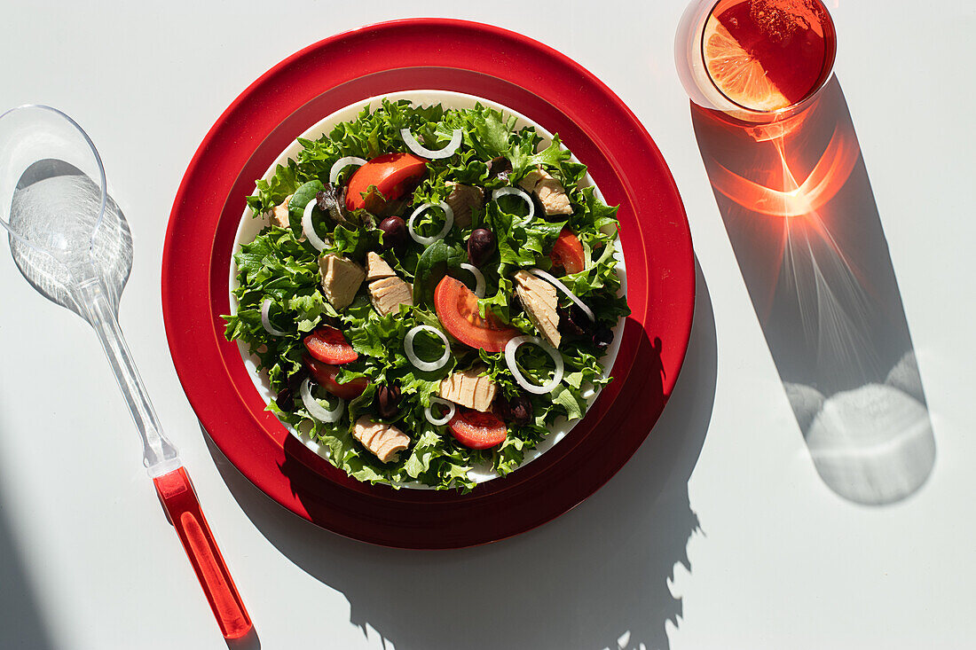 From above tuna salad with onion and tomatoes served on red plates on white background