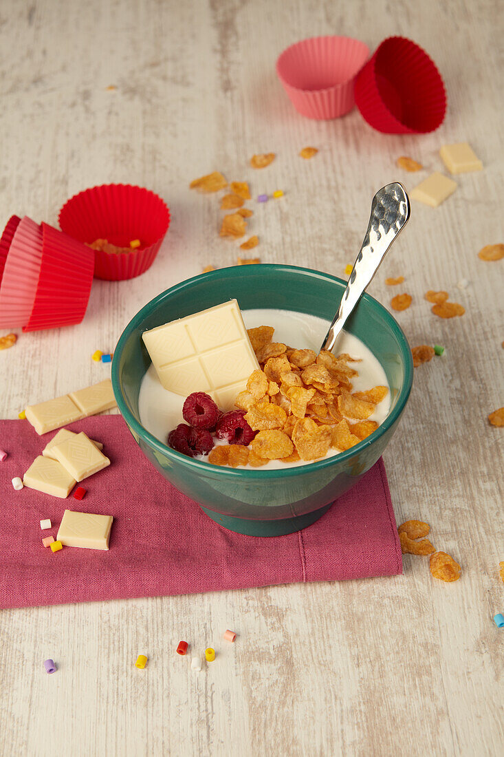 Von oben: Schale mit knusprigen Cornflakes und Joghurt, garniert mit frischen Himbeeren und weißer Schokolade, auf einem Holztisch in der Nähe von roten Muffinförmchen beim Frühstück