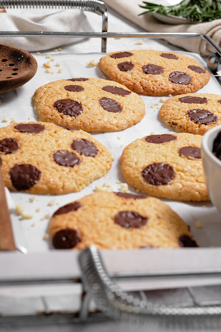 From above of freshly baked sweet cookies with chocolate chips on metal grid placed on table with various kitchen tools and green rosemary branches