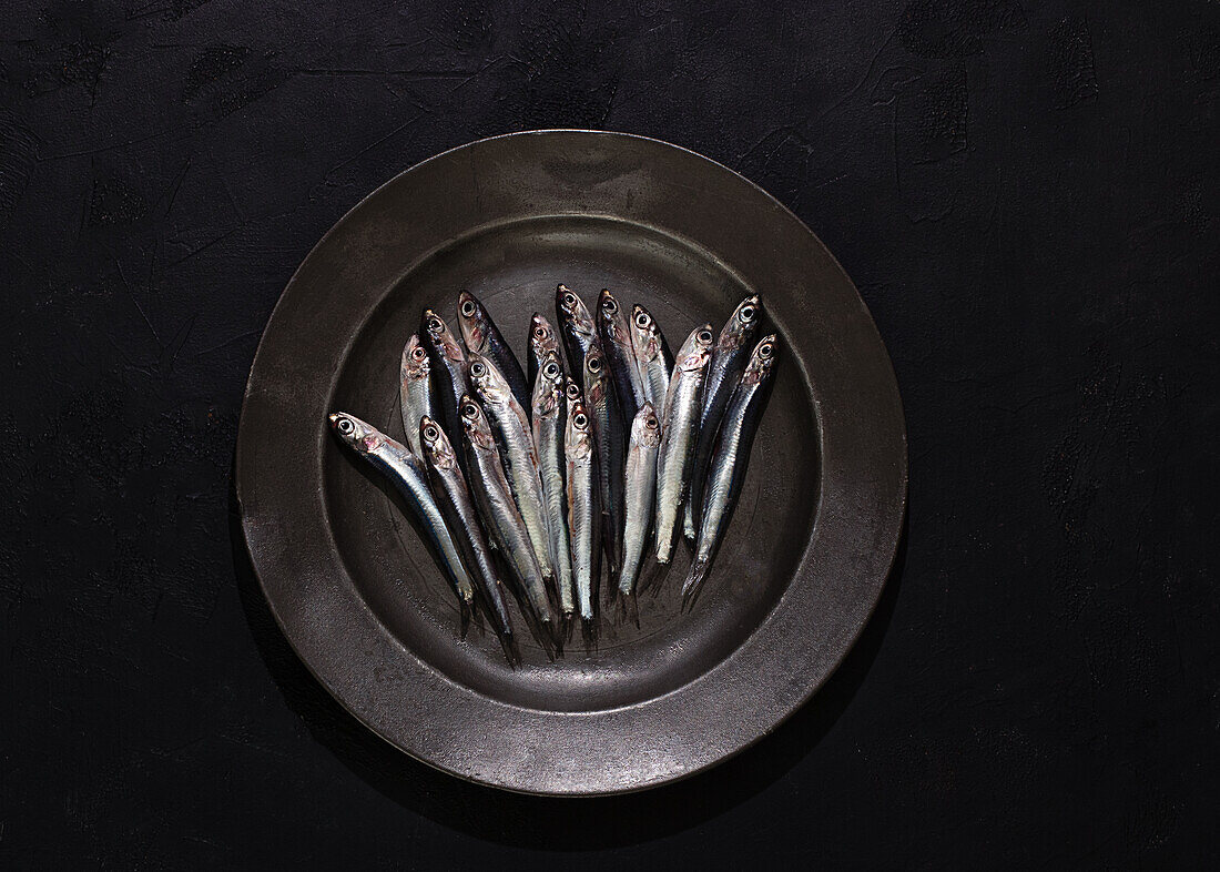 Top view of raw small fishes in plate on white board on black background