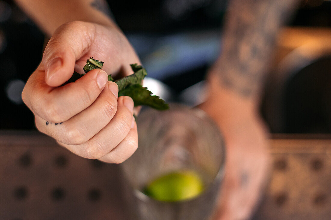 Von oben von einem gesichtslosen Barkeeper, der frische Minzblätter in ein Glas gibt, während er einen Mojito-Cocktail am Tresen einer Bar zubereitet