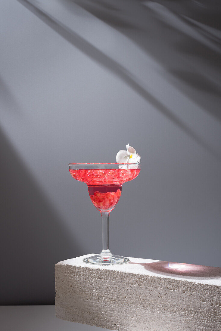 Crystal glass of pomegranate margarita cocktail served with flower blooms on concrete blocks in studio