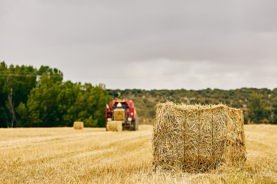 Dried hay roll and modern tractor placed on agricultural field in mountainous area in summer