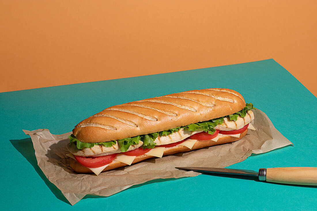 Von oben appetitliches Sandwich mit gegrilltem Hähnchen, frischem Salat und Tomaten auf Backpapier auf buntem Tischhintergrund serviert