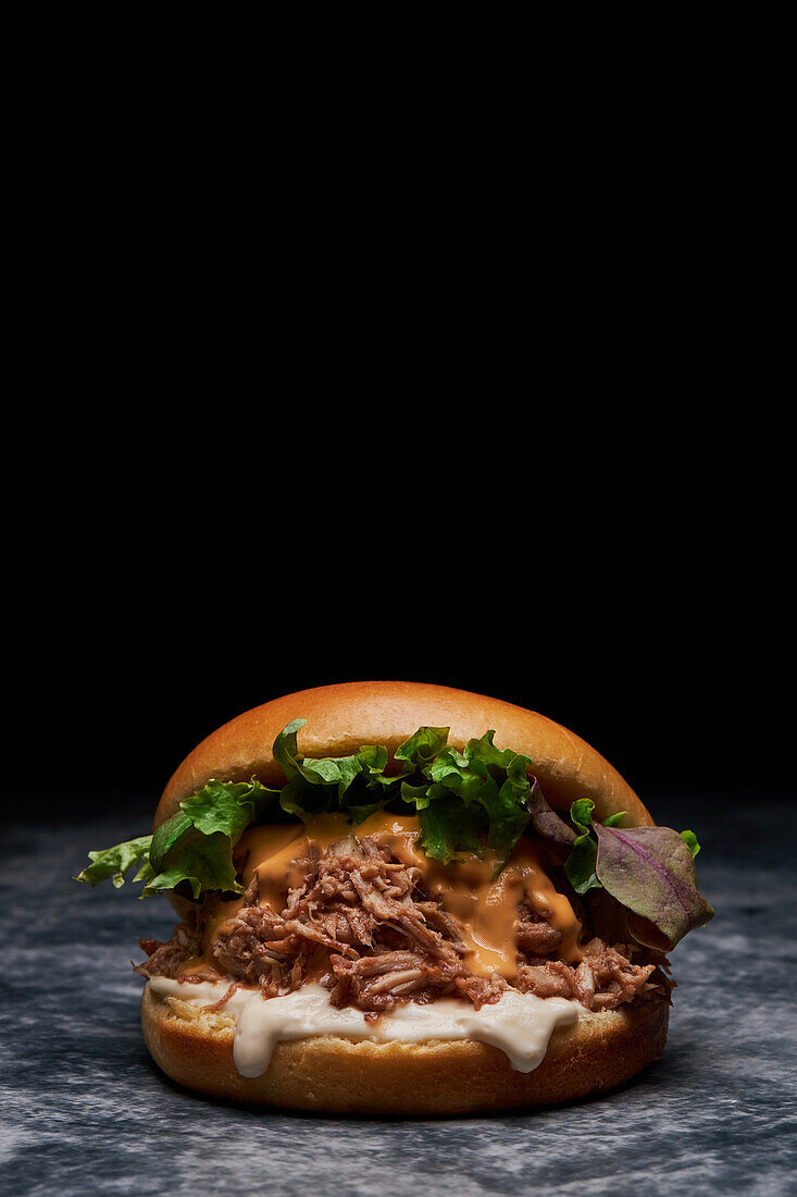 Appetizing burger with fresh lettuce cheese mayonnaise and pork placed on table in dark room