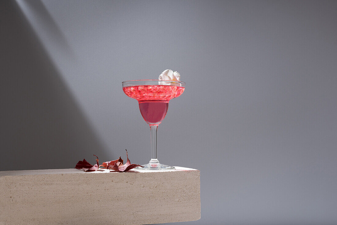 Crystal glass of pomegranate margarita cocktail served with flower blooms on concrete blocks in studio