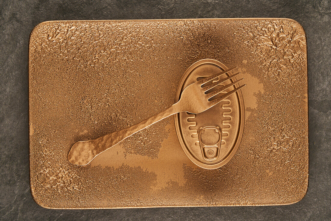 Top view of gold fork placed near sealed canned food on rectangular copper tray