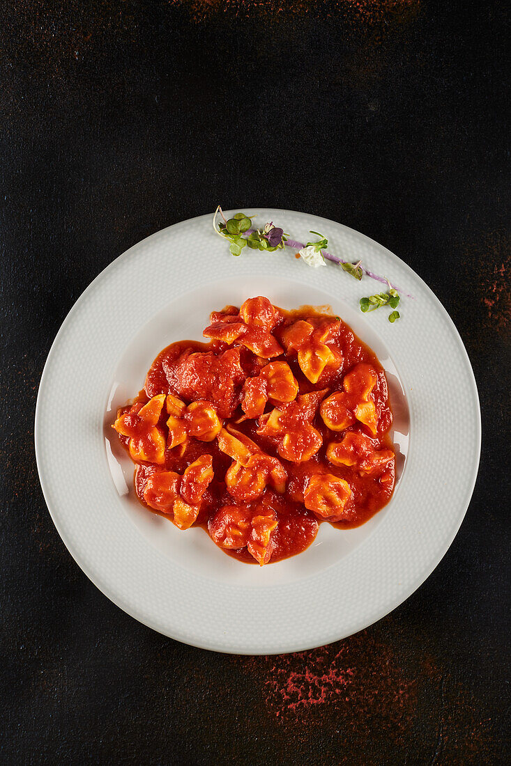 Blick von oben auf leckere Fleischravioli mit Ragu-Bolognese-Sauce, serviert auf einem Teller mit Sprossen auf einem dunklen Tisch im Restaurant