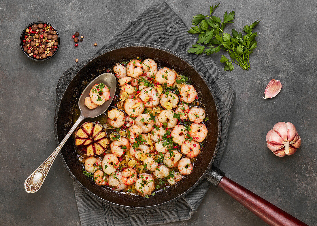 Top view shrimp scamp in a pan on grey background