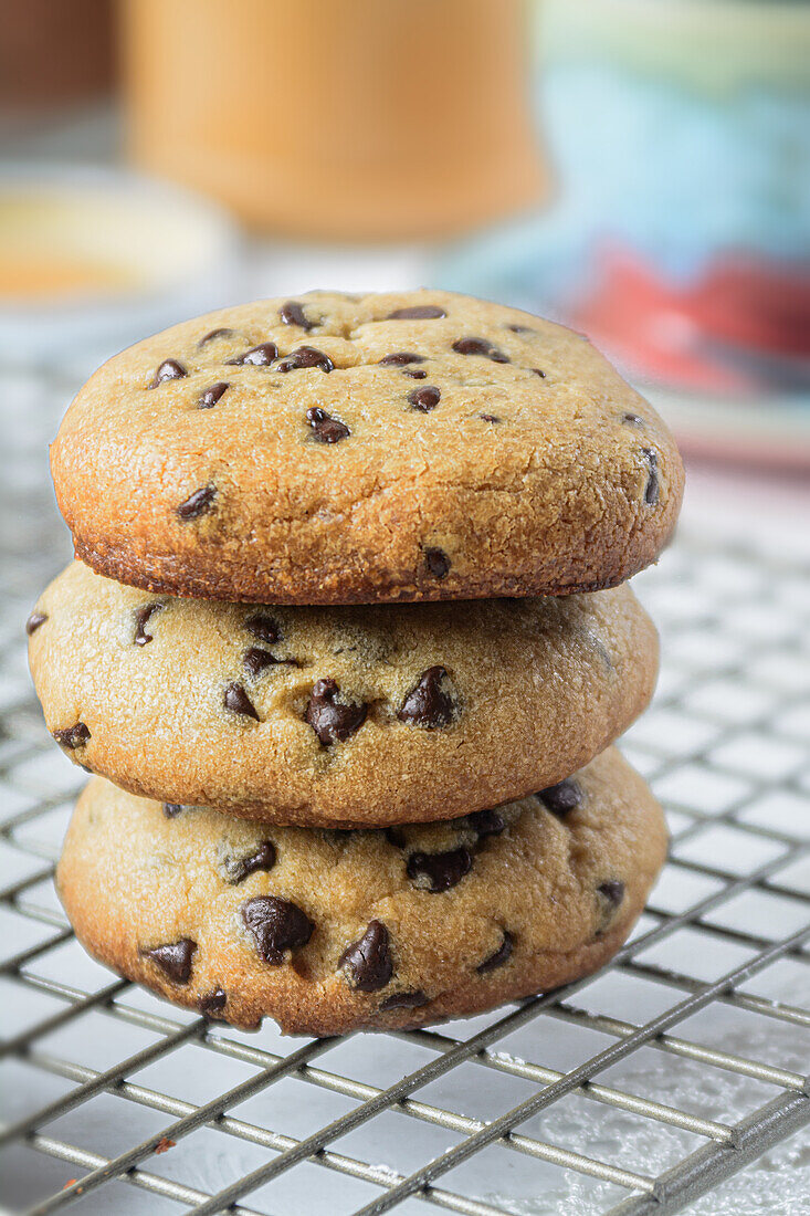 Close-up of some freshly made dark chocolate chip cookies