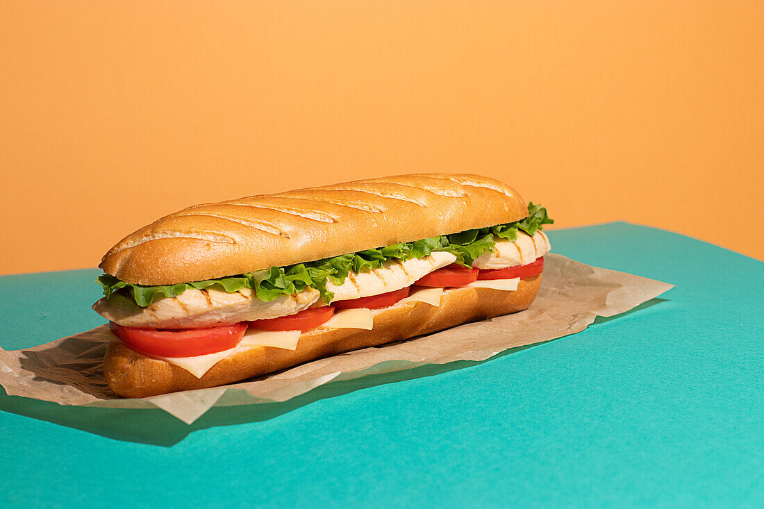 Von oben appetitliches Sandwich mit gegrilltem Hähnchen, frischem Salat und Tomaten auf Backpapier auf buntem Tischhintergrund serviert