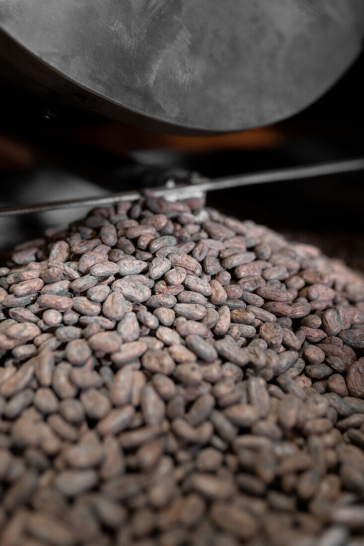 Von oben Bündel von gerösteten Kakaobohnen in der Trommel der Röstmaschine während der Arbeit im Café