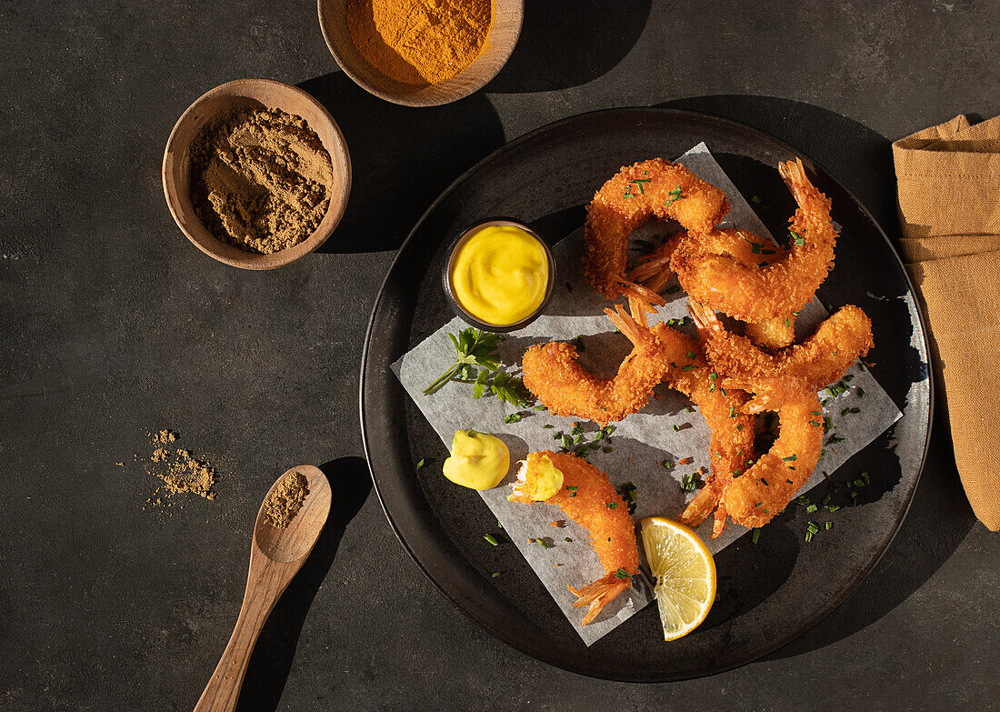 From above still life with plate of lemon and mustard battered prawns with two bowls of turmeric and curry spices