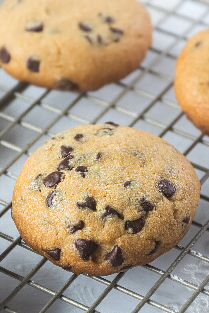 Close-up of some freshly made dark chocolate chip cookies