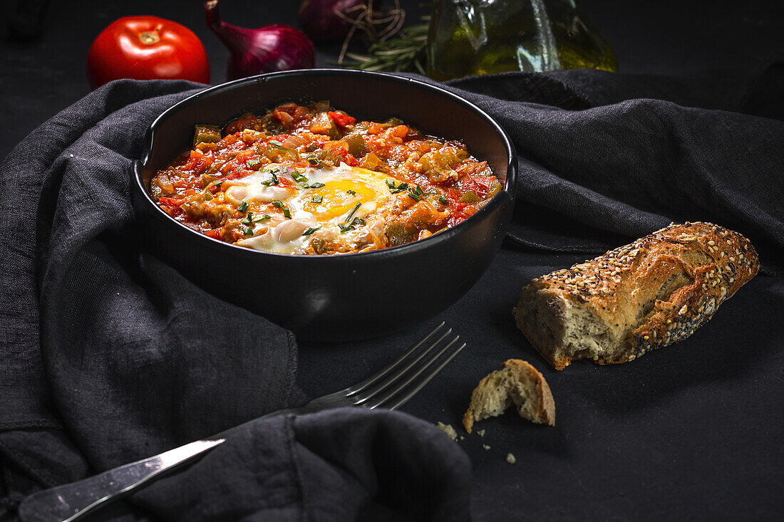 High angle of appetizing traditional Spanish dish made of egg and assorted vegetables and served in bowl on table