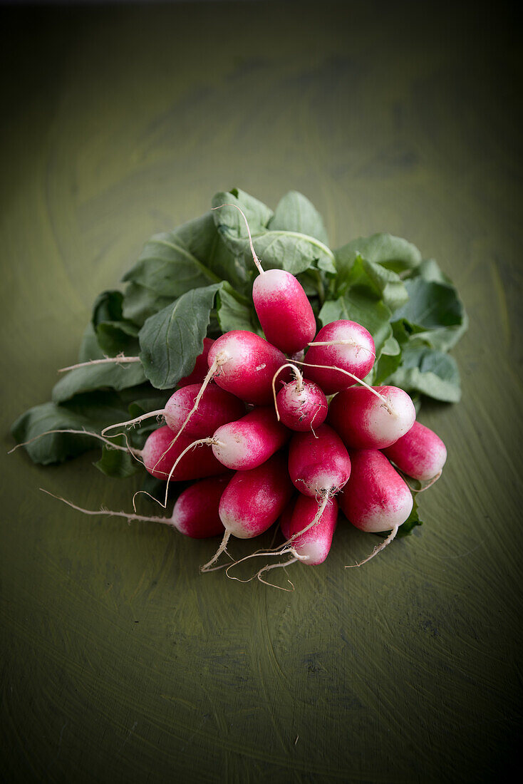 Heap of raw radish with curved leaves and roots on green background