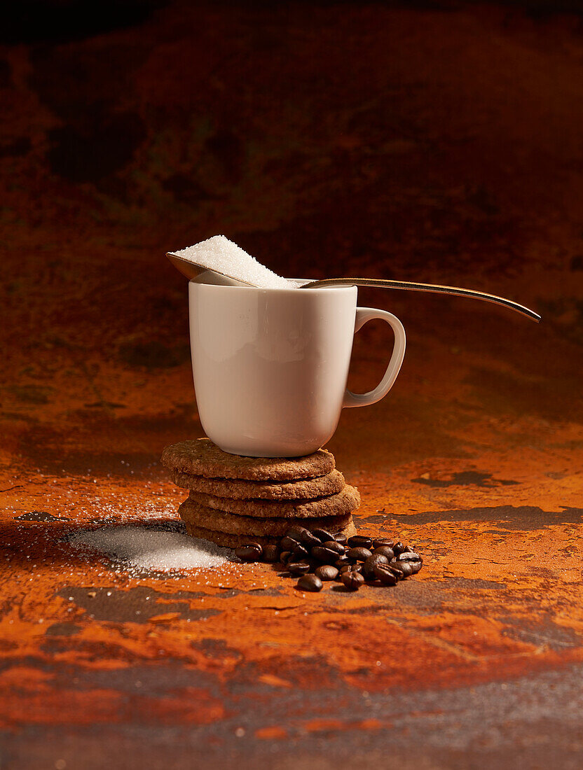 Hoher Winkel einer weißen Keramikkanne mit Kaffee und einem Löffel voll Zucker auf einem Stapel gebackener süßer Haferflockenkekse in der Nähe von Kaffeebohnen und verstreutem Kristallzucker