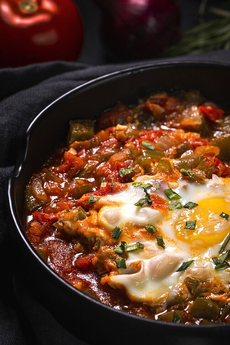 Blick von oben auf ein appetitliches traditionelles spanisches Gericht aus Ei und verschiedenen Gemüsesorten, das in einer Schüssel auf dem Tisch serviert wird