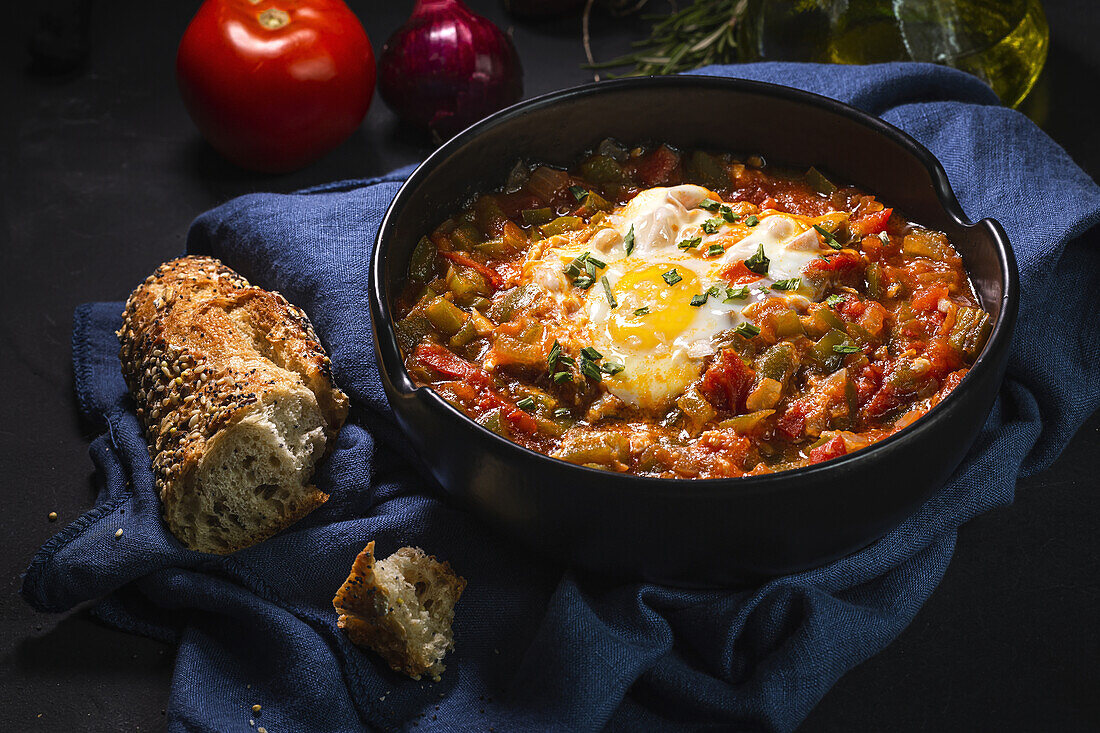 High angle of appetizing traditional Spanish dish made of egg and assorted vegetables and served in bowl on table