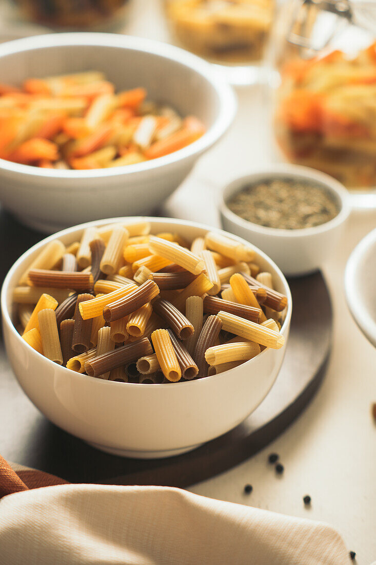 Different macaroni in bowls