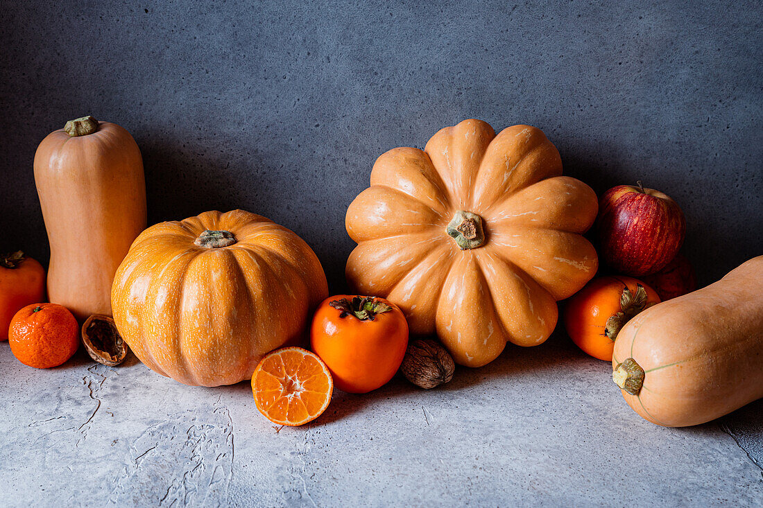 Stilleben mit verschiedenen Herbstgemüsesorten, Kürbissen, Äpfeln, Kaki, Mandarinen und Haselnüssen vor dunklem Hintergrund
