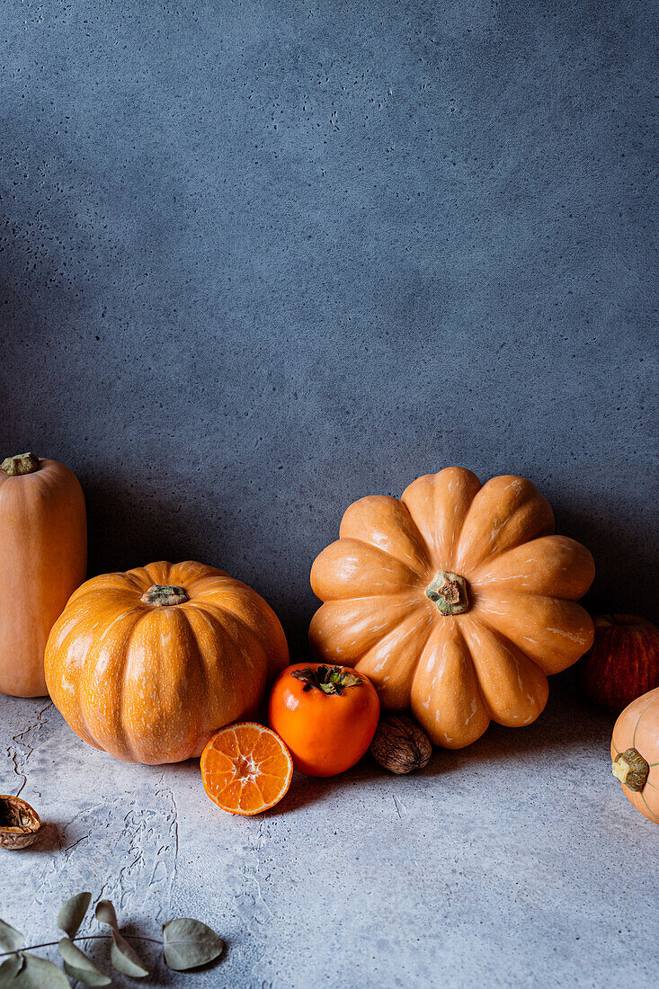 Still life of assorted autumn veggies, pumpkins, apples, persimmons, tangerines and hazelnuts against dark background