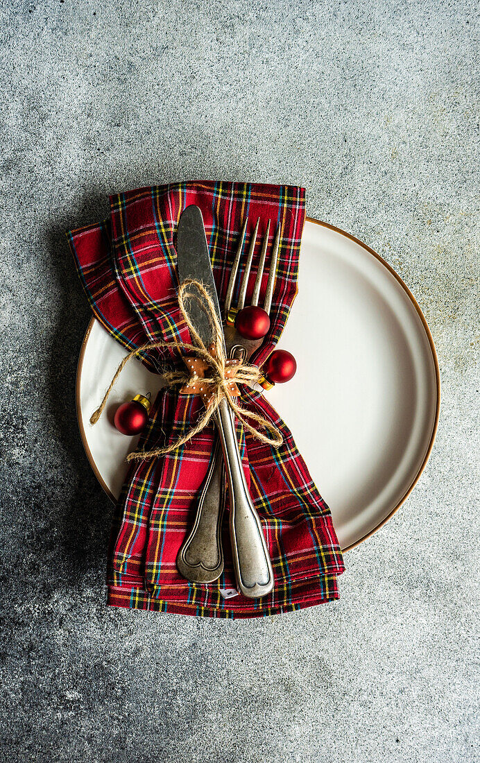 Christmas holiday dinner set on concrete table