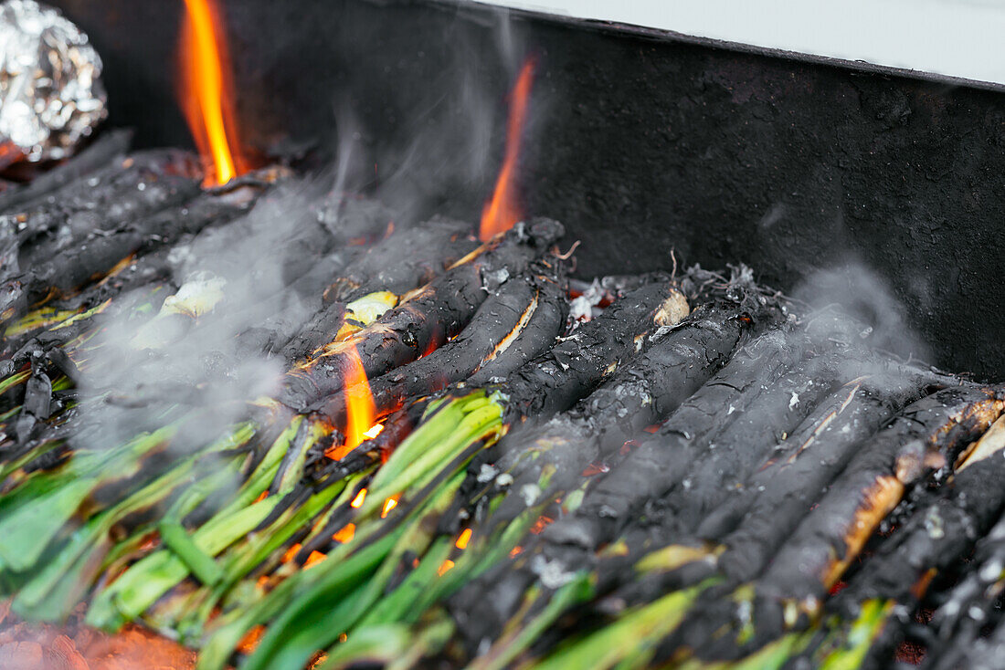 Heap of traditional Catalonian fresh green calcots on black metal hot grill with foil and burning charcoal placed on terrace
