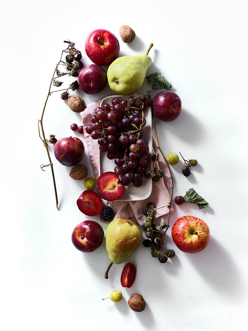 Komposition mit frischen Sommerfrüchten und Beeren auf weißem Hintergrund. Trauben, Pflaumen und Äpfel im Sonnenlicht