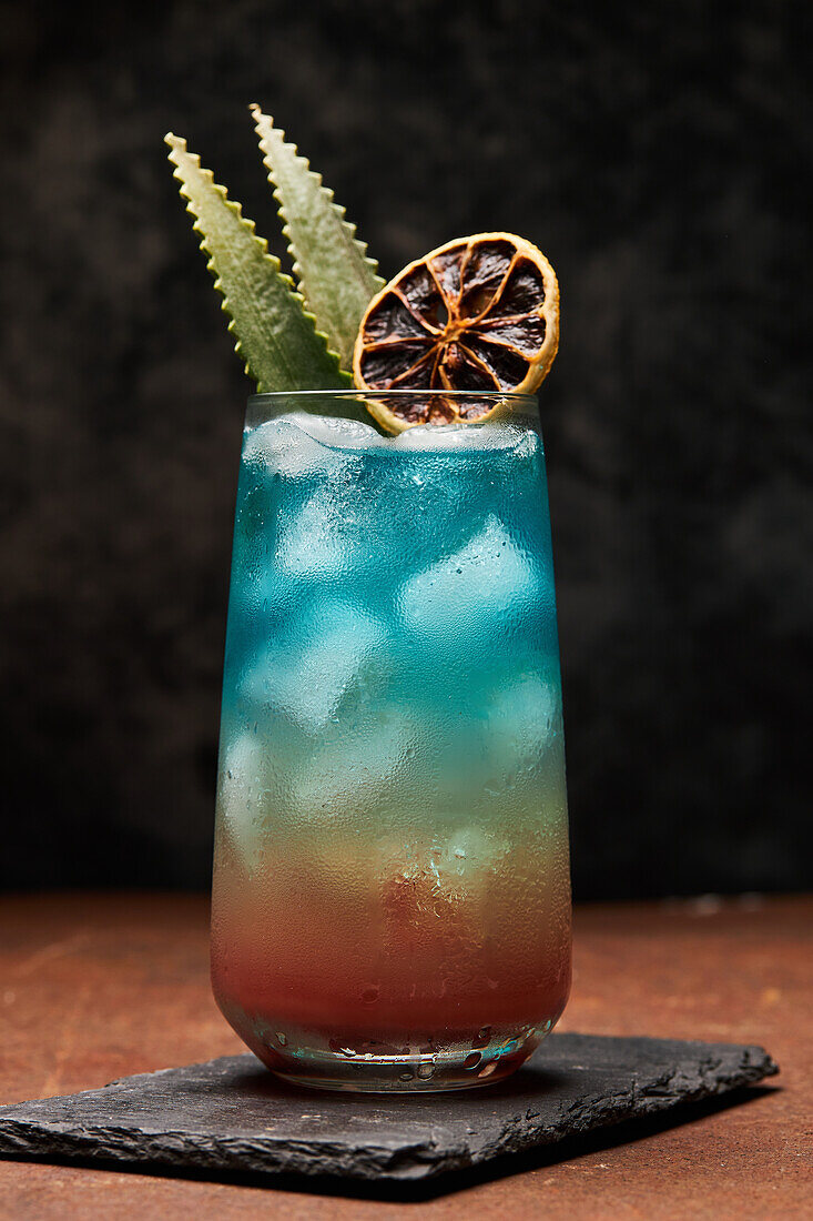 Glas Regenbogenparadies mit buntem Cocktail, garniert mit Orangenscheiben und Blättern auf einem Schiefertablett auf dem Tisch