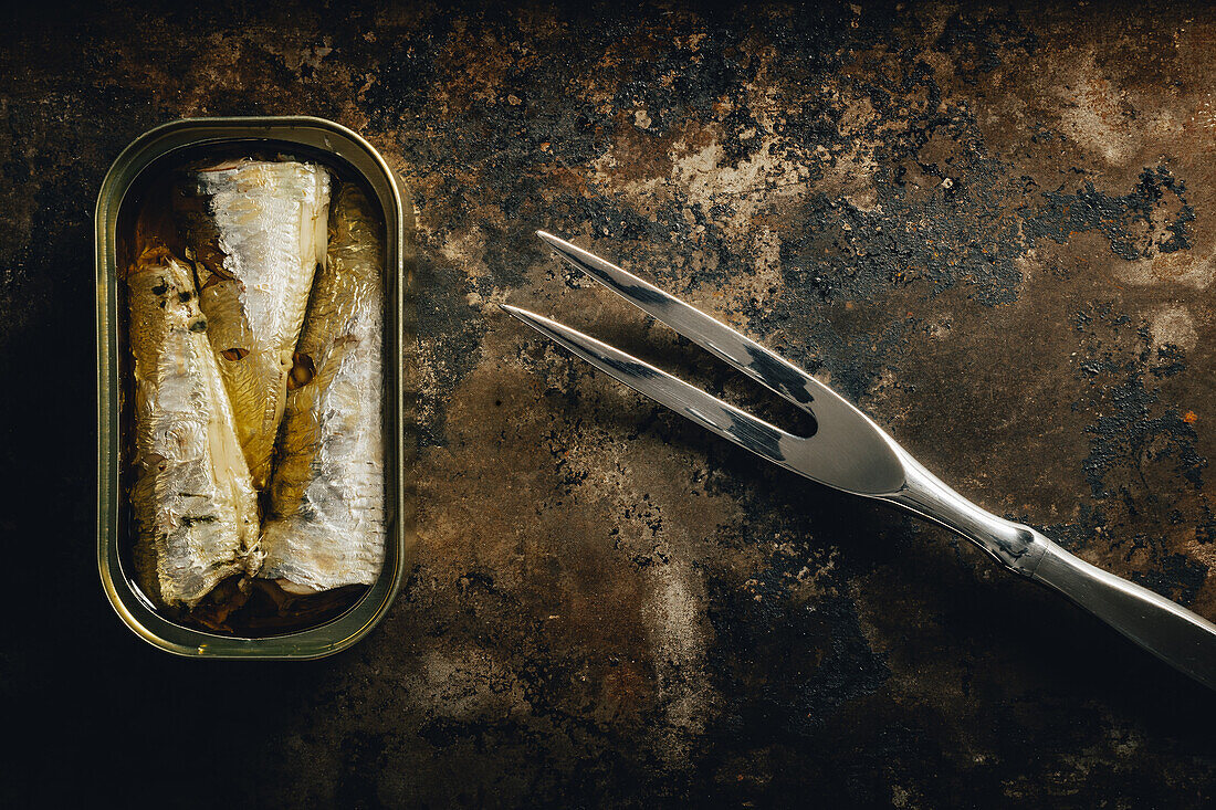 Top view of composition of canned sardines and fork placed against dark background