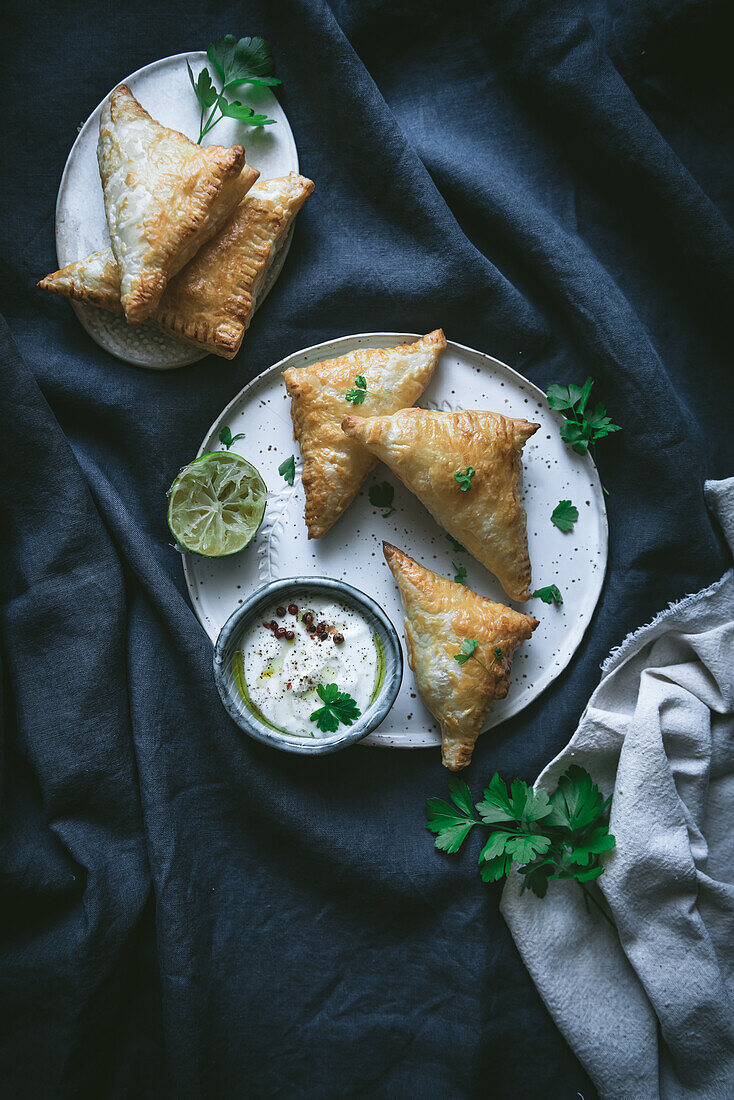 Top view of puff pastry triangles served on plate near squeezed lime and bowl of cream cheese on dark drapery