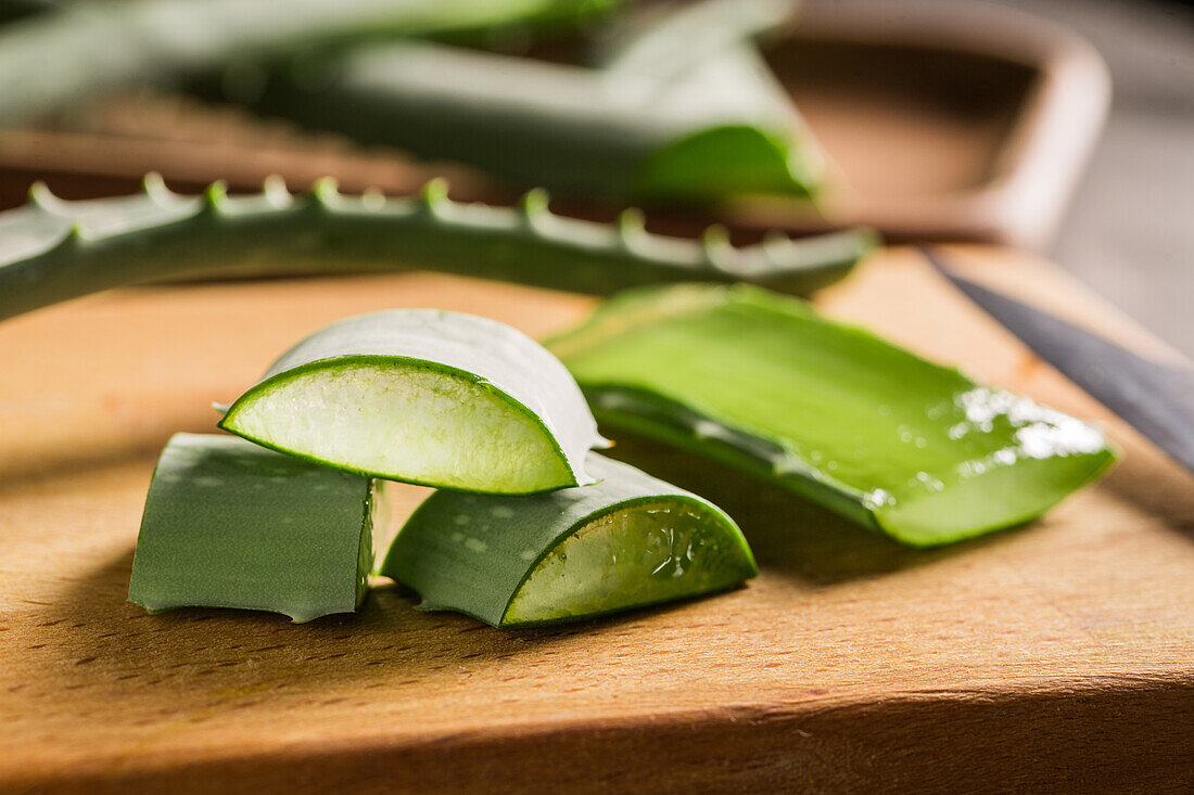 Aloe vera Blätter auf dunklem Hintergrund