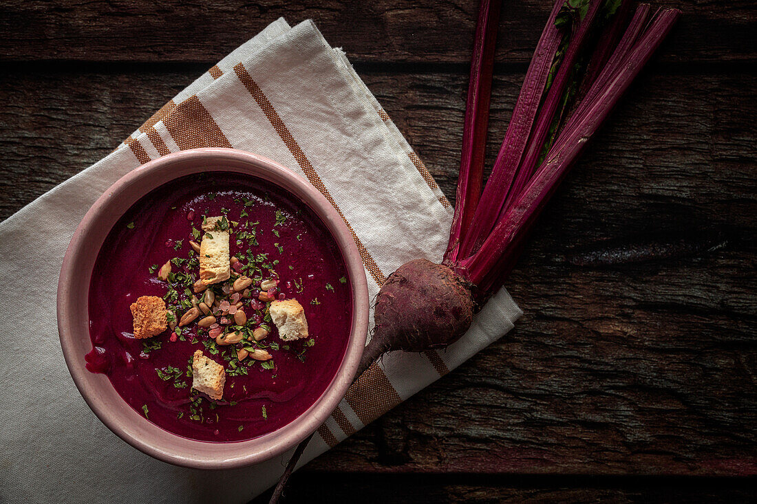 Healthy beet soup. borscht. Flat lay. From above. detox