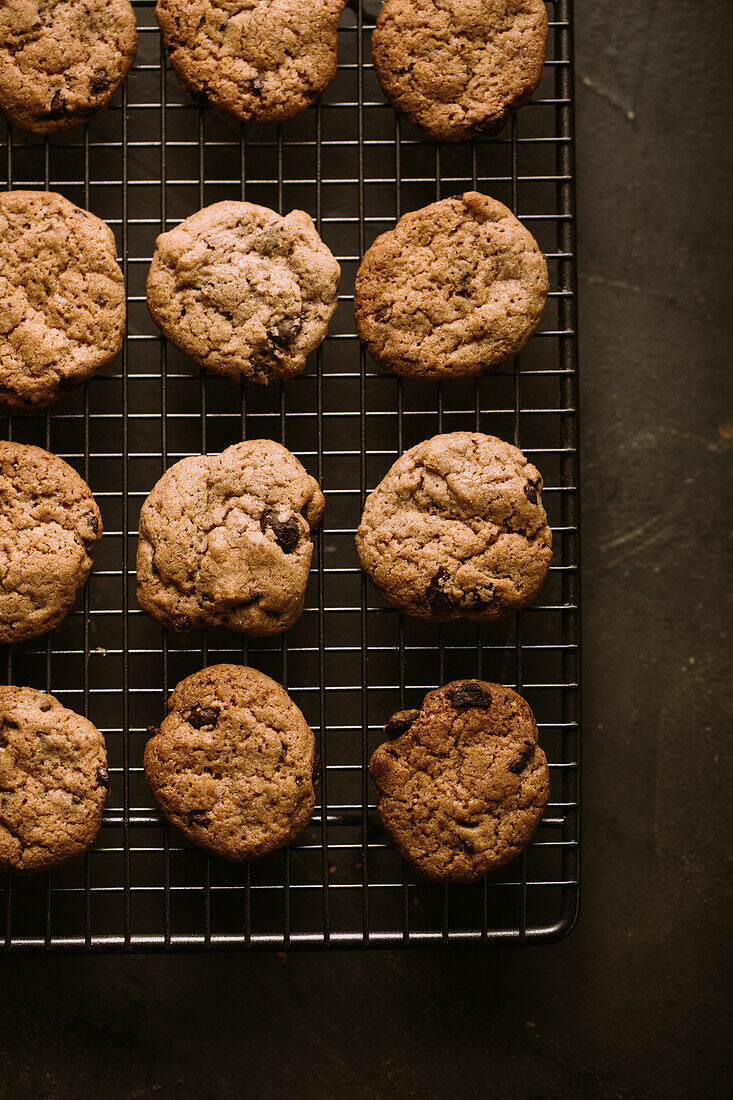 From above homemade chocolate chips cookies on cooling rack