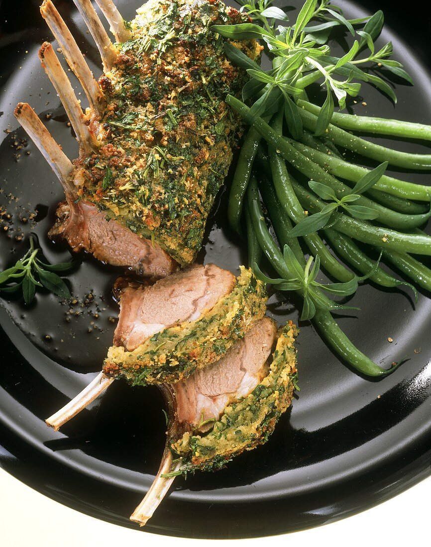 Lamb chop with herb crust and green beans