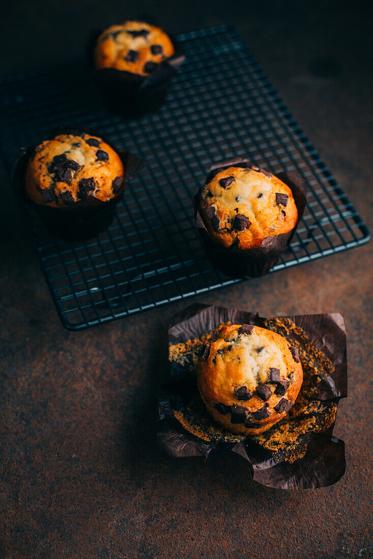 Schokoladenmuffins auf Kühlregal vor dunklem Hintergrund