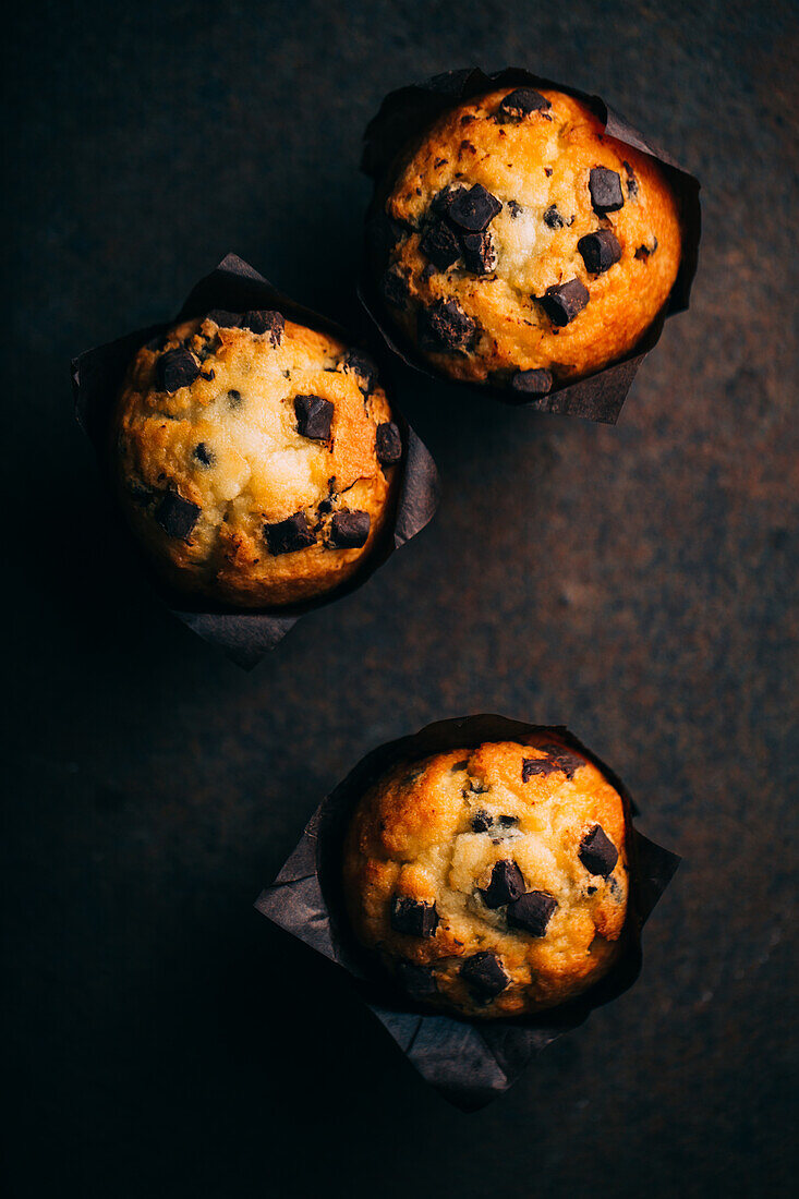 Chocolate muffins on dark background