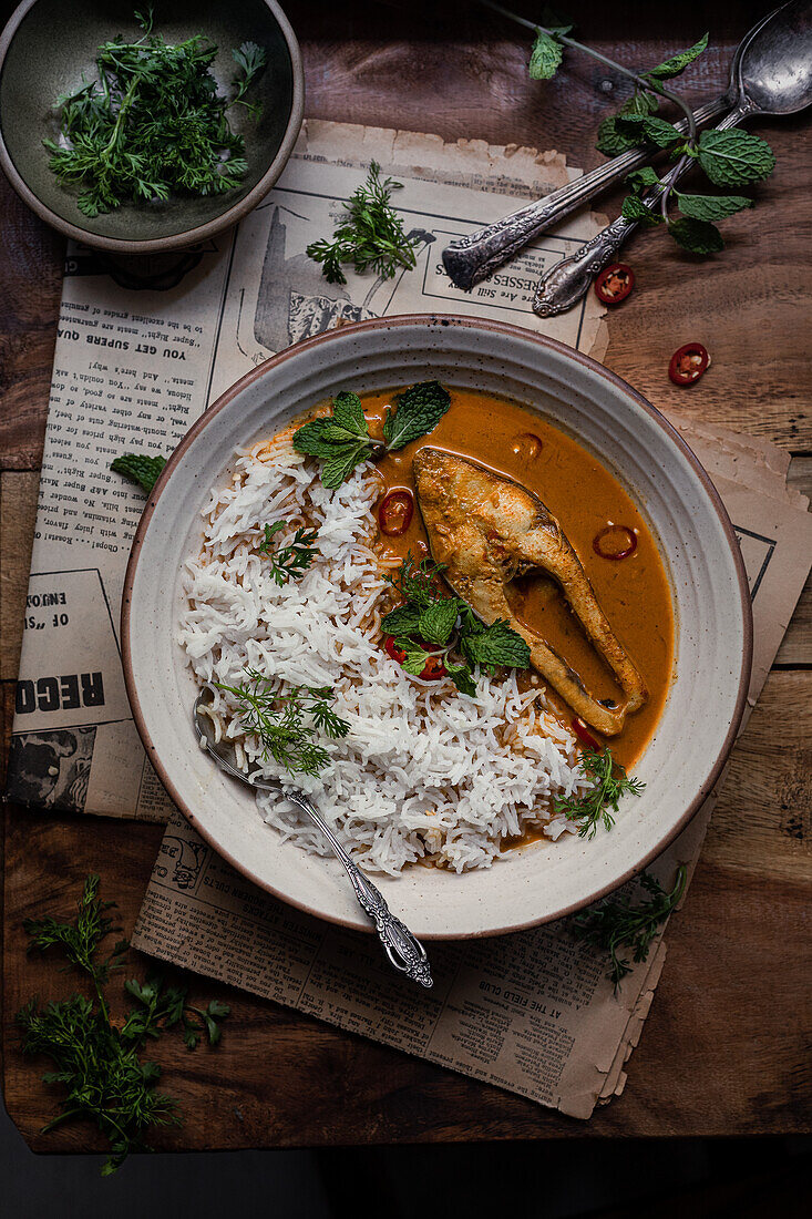 South Indian fish curry with rice