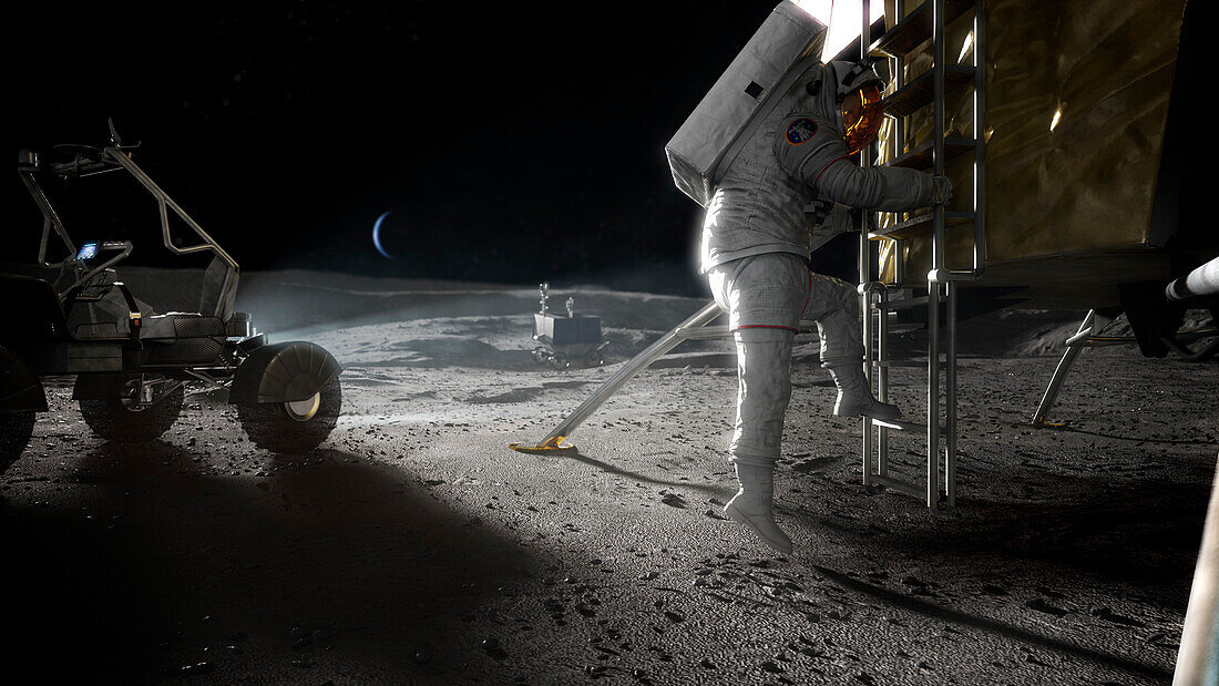 NASA astronaut at lunar South Pole, illustration