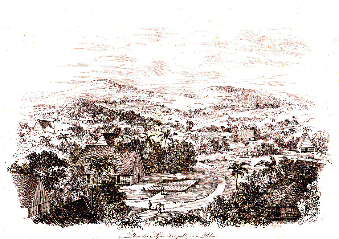 Public assembly place, Palau, 19th century illustration