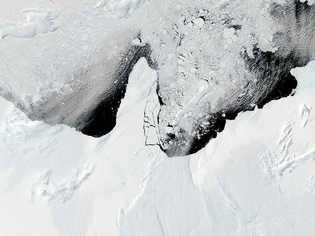 Sea ice breaking from Antarctic ice shelf, satellite image