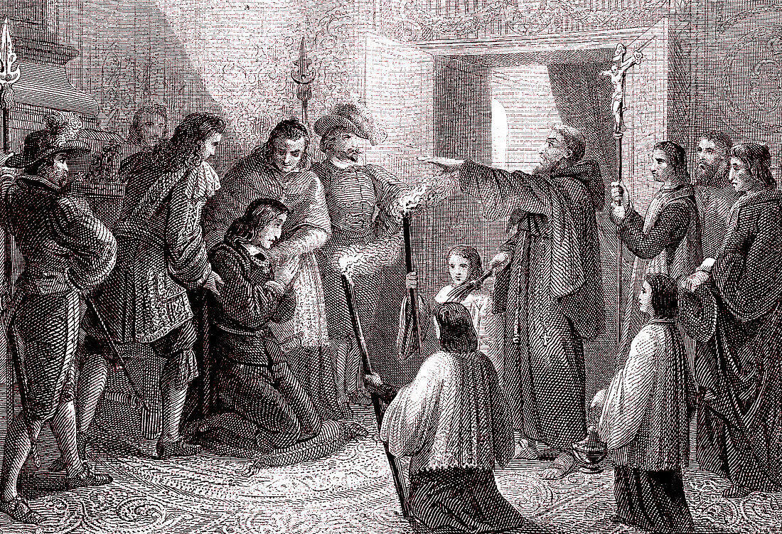 Exorcism of Charles the Second of Spain, 19th century illustration