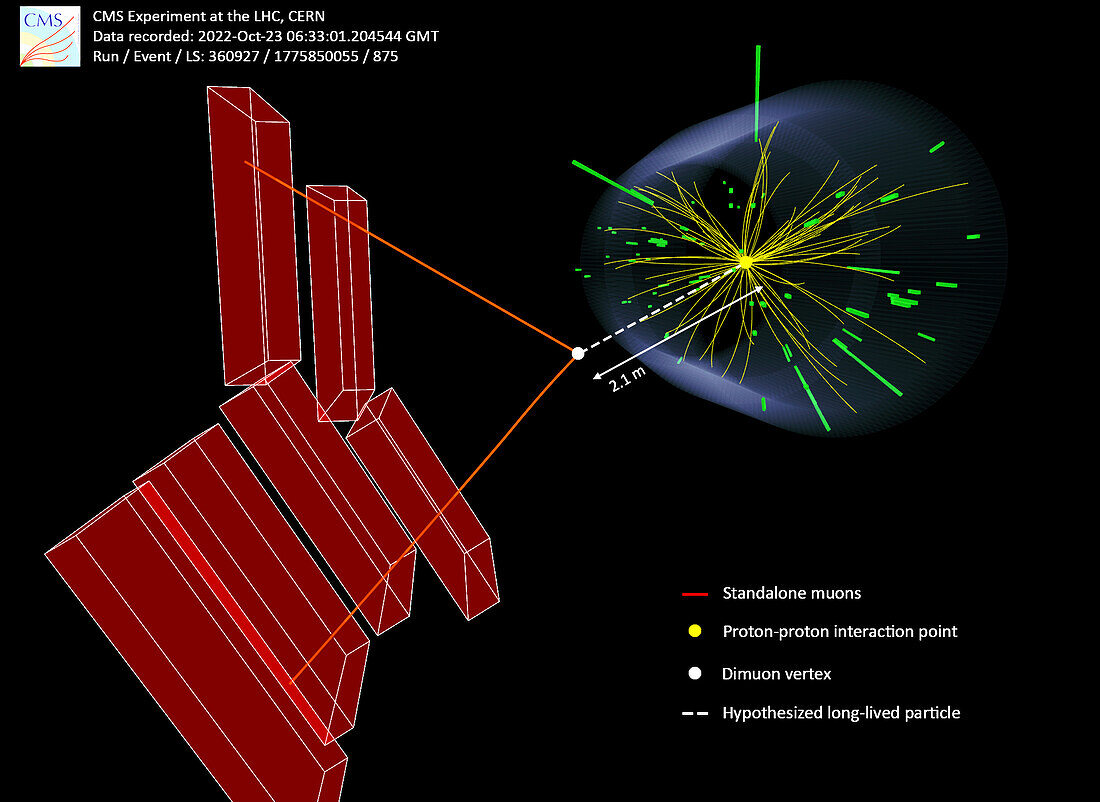 Decay event observed in long-lived particle search, CMS experiment