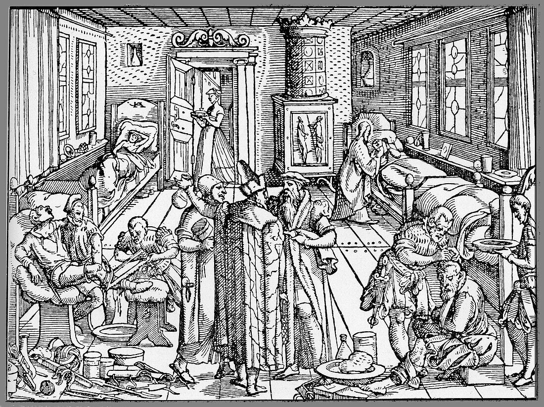 Hospital ward in the 16th century, illustration