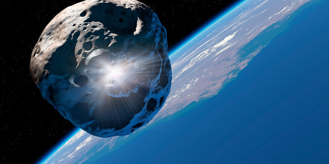 Asteroid colliding with satellite as it approaches Earth, illustration