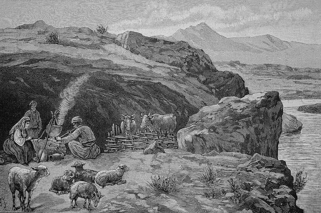Cave dwellings, 19th century illustration