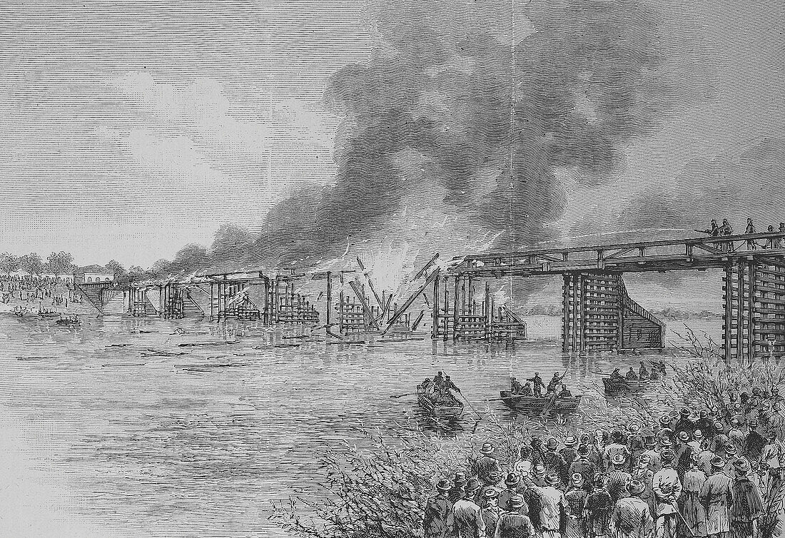 Fire of the Oder Bridge, Germany, 19th century illustration